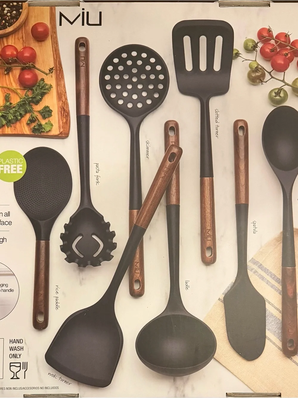 Mi 8-Piece Black Silicone Utensil Set with Walnut-Style Wood Handles